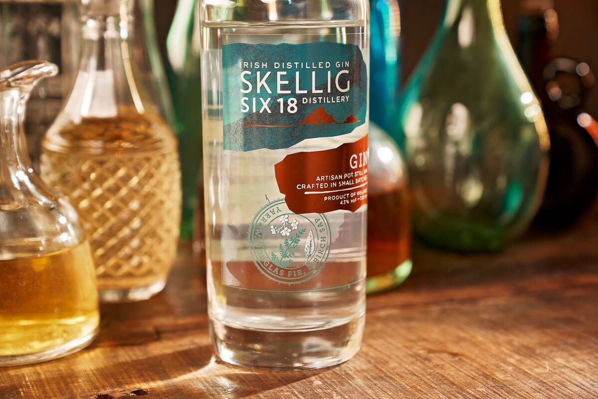 Skellig Gin bottle lit up by the sun