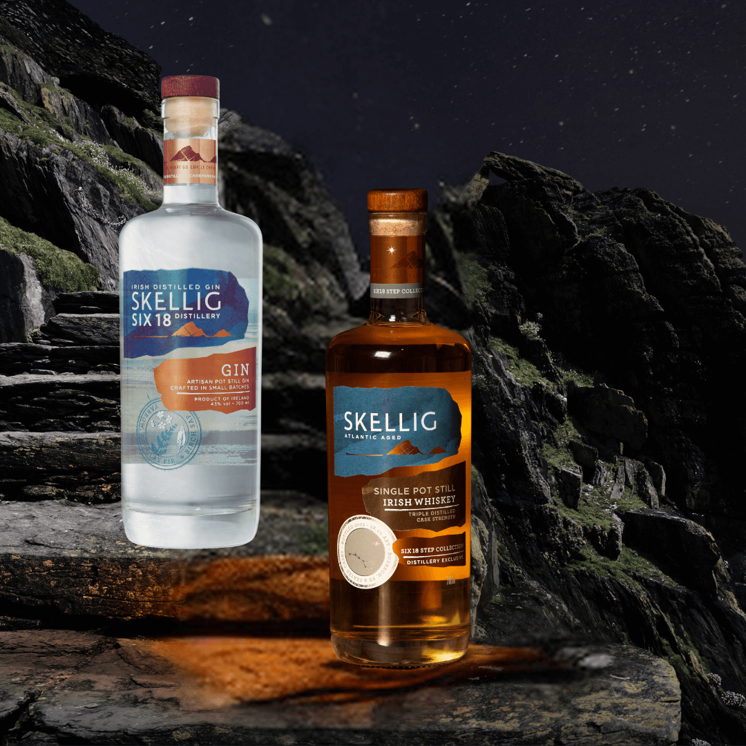 Skellig Whiskey and Gin on stone steps on Skellig Islands